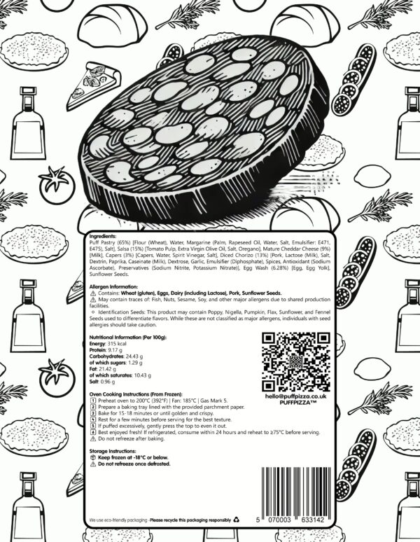 PuffPizza Pepperoni – frozen Italian puff pastry snack with spiced chorizo and cheese