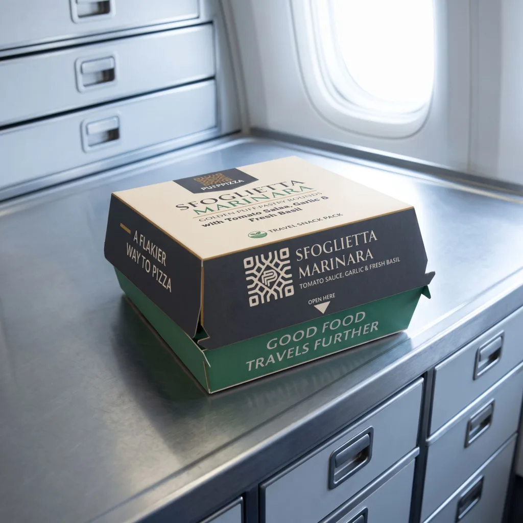 Sfoglietta® Marinara individual travel snack pack displayed in an aircraft galley.
